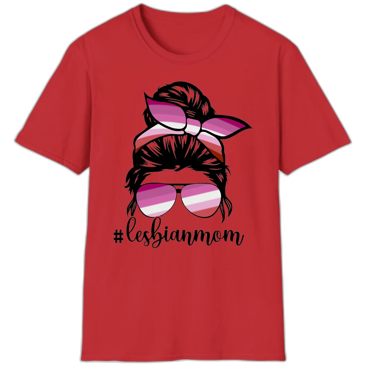 Illustration of a woman with black hair, pink bow, and aviator sunglasses featuring lesbian pride flag stripes with #lesbianmom text in Red