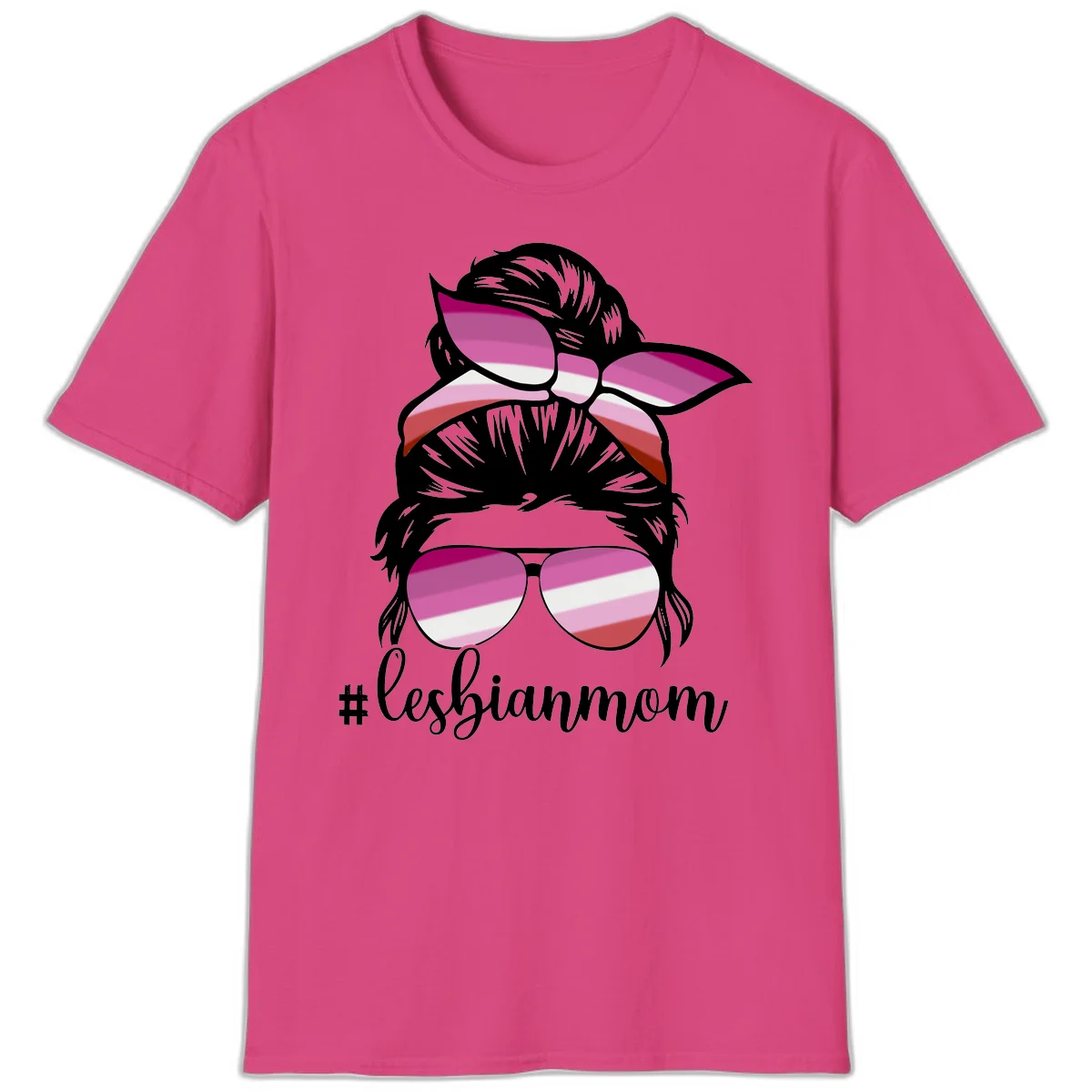Illustration of a woman with black hair, pink bow, and aviator sunglasses featuring lesbian pride flag stripes with #lesbianmom text in Heliconia