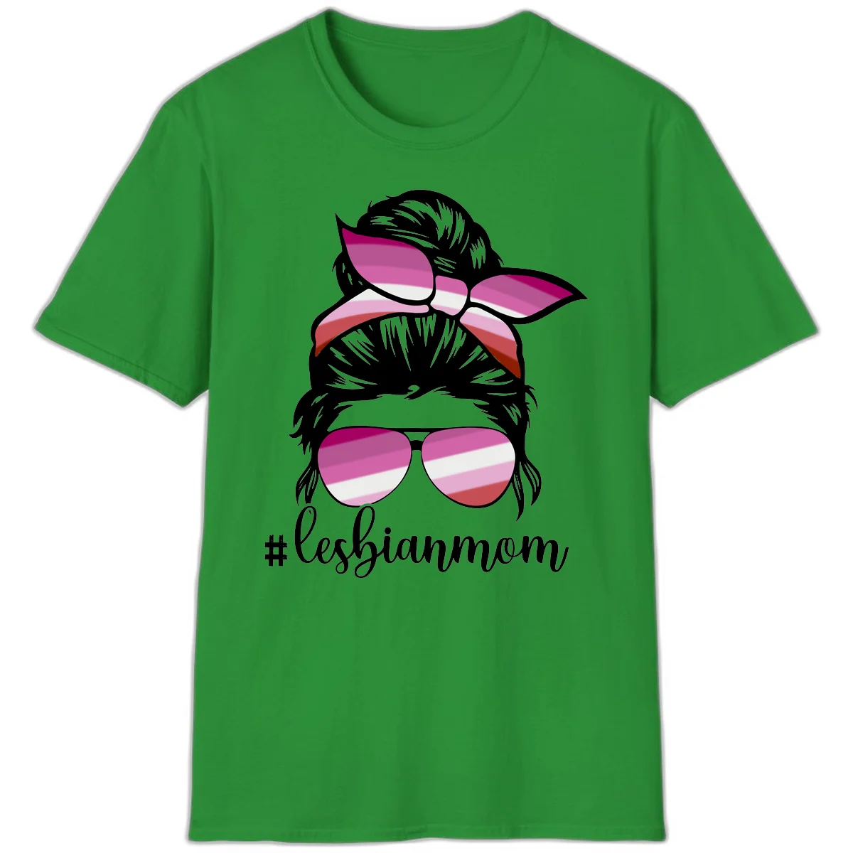 Illustration of a woman with black hair, pink bow, and aviator sunglasses featuring lesbian pride flag stripes with #lesbianmom text in Irish Green