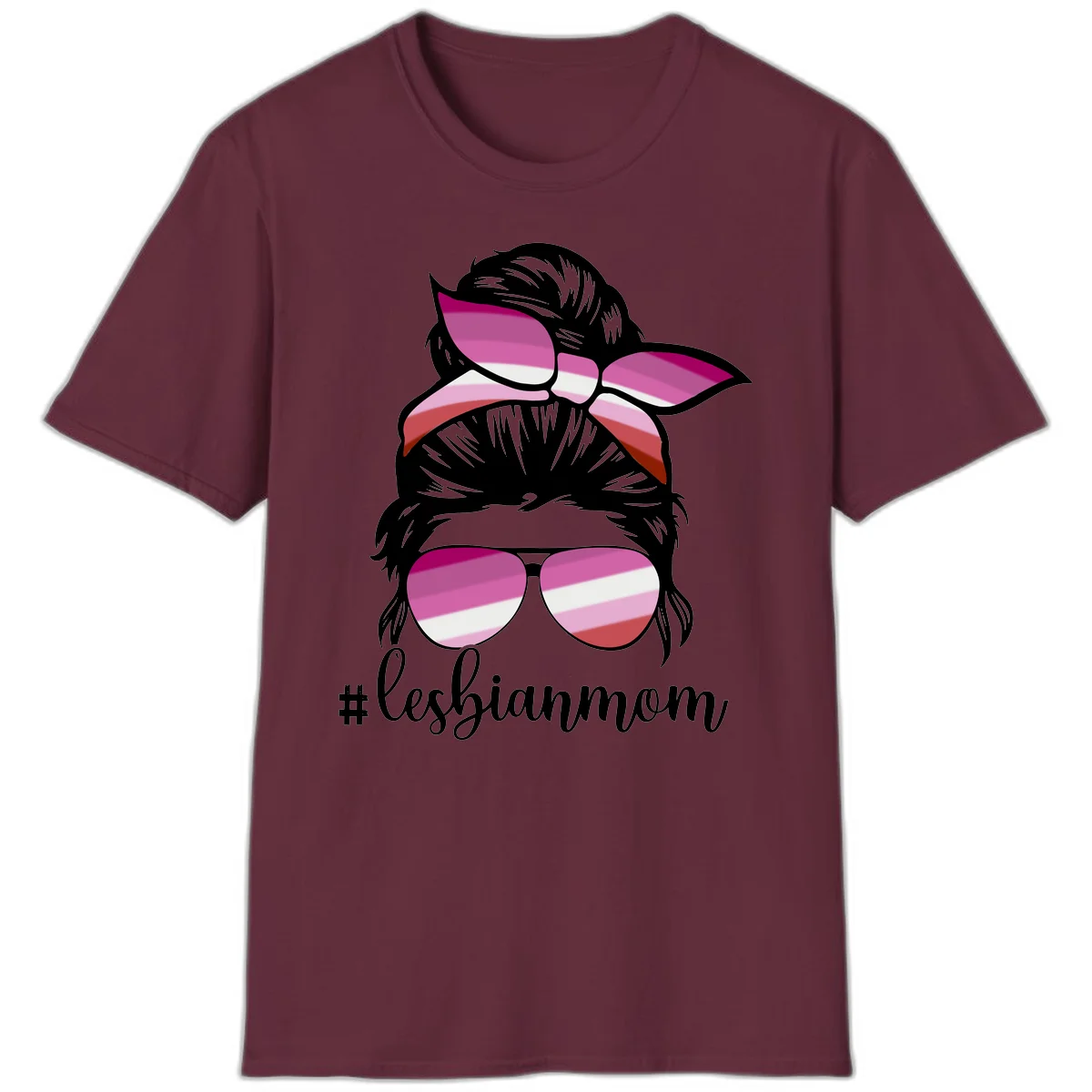 Illustration of a woman with black hair, pink bow, and aviator sunglasses featuring lesbian pride flag stripes with #lesbianmom text in Maroon