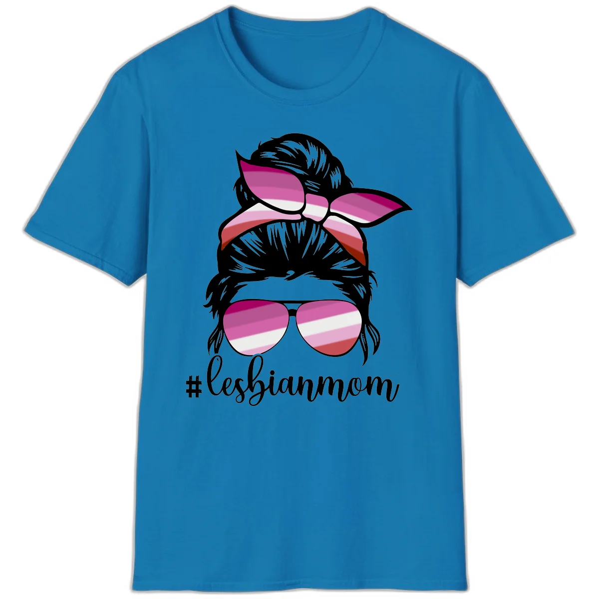 Illustration of a woman with black hair, pink bow, and aviator sunglasses featuring lesbian pride flag stripes with #lesbianmom text in Sapphire
