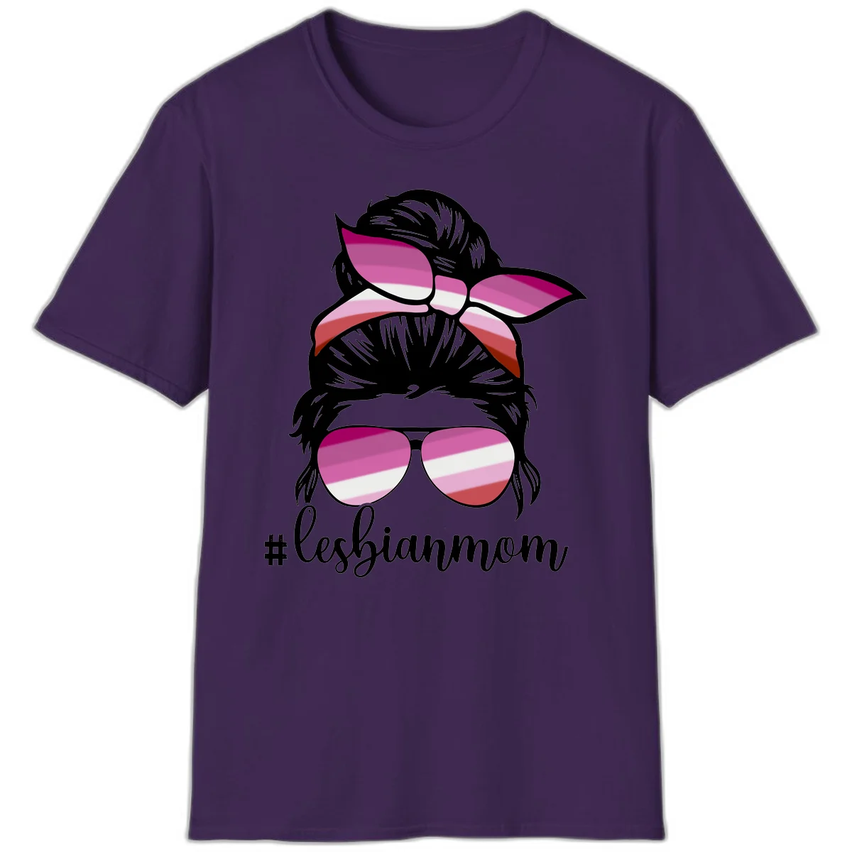 Illustration of a woman with black hair, pink bow, and aviator sunglasses featuring lesbian pride flag stripes with #lesbianmom text in Purple