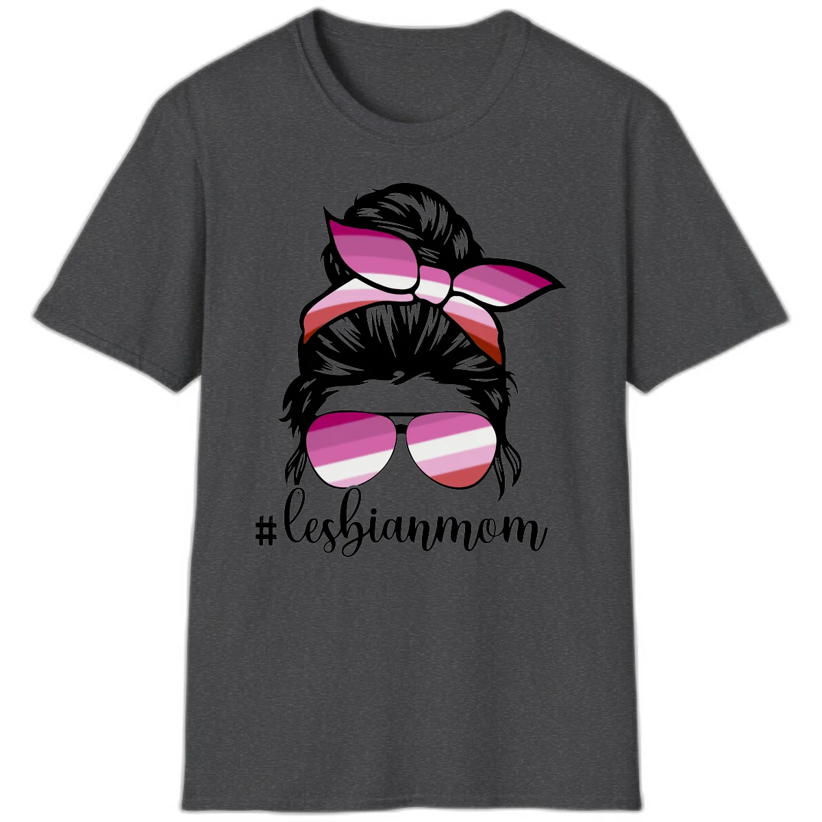 Illustration of a woman with black hair, pink bow, and aviator sunglasses featuring lesbian pride flag stripes with #lesbianmom text in Dark Heather