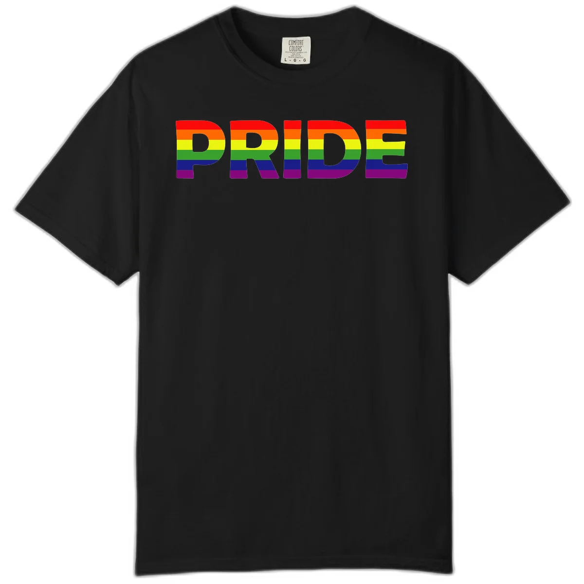 The word PRIDE in large letters filled with rainbow pride flag stripes on gray background in Black