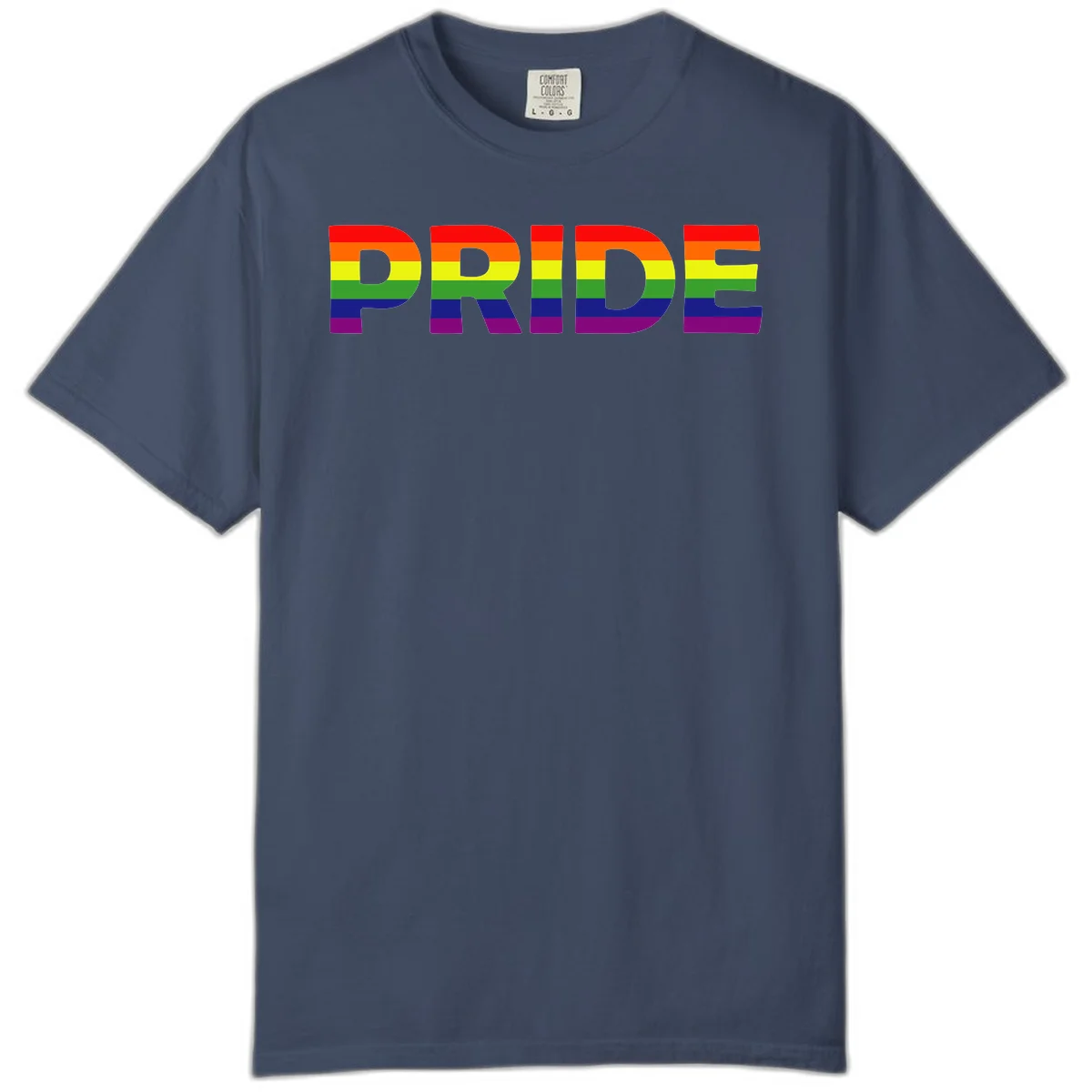 The word PRIDE in large letters filled with rainbow pride flag stripes on gray background in Midnight