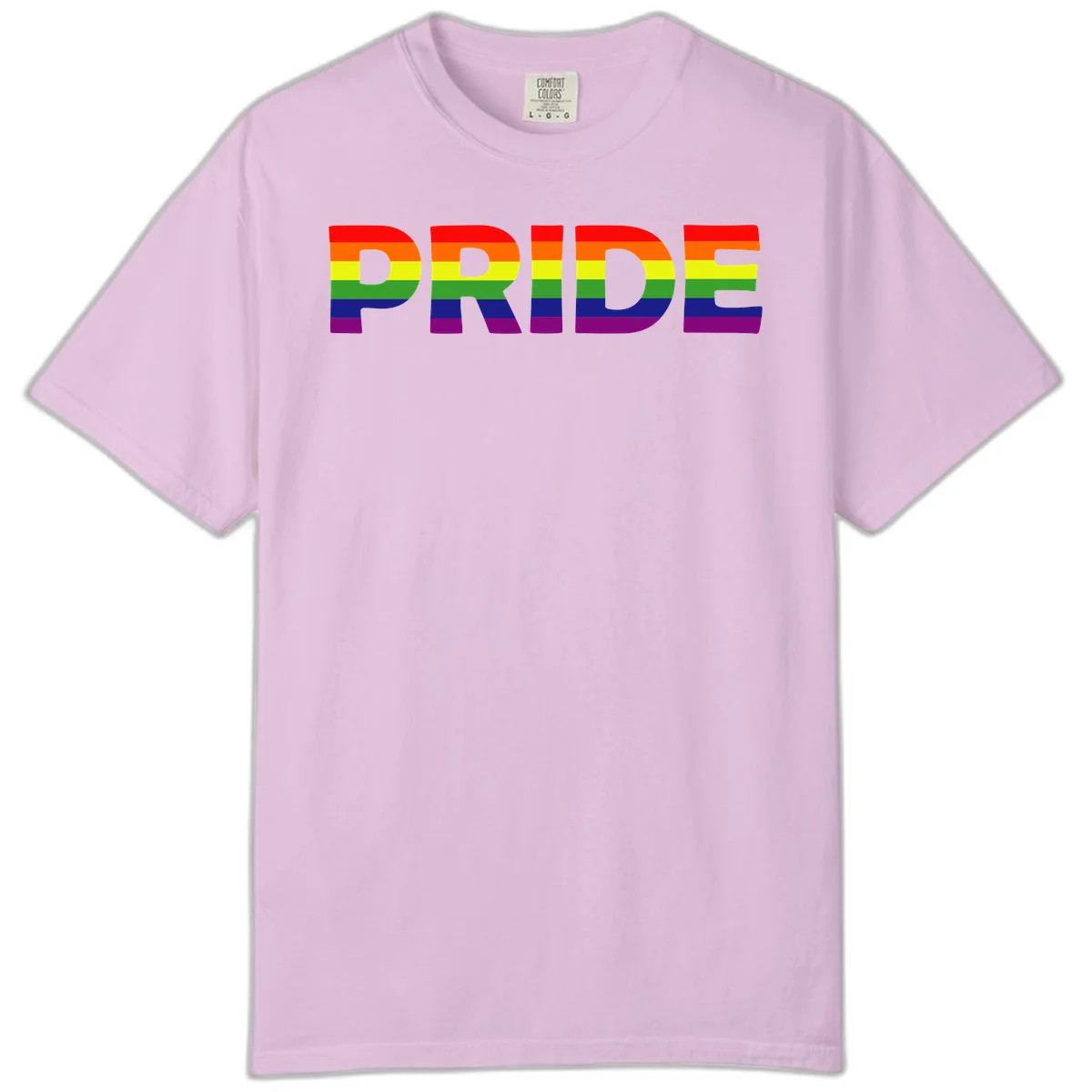 The word PRIDE in large letters filled with rainbow pride flag stripes on gray background in Orchid