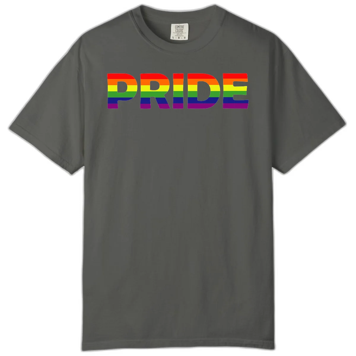 The word PRIDE in large letters filled with rainbow pride flag stripes on gray background in Pepper