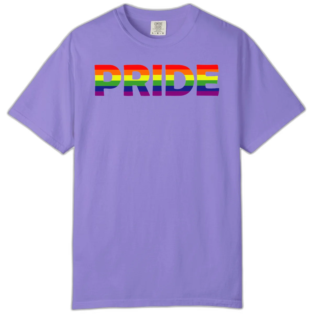 The word PRIDE in large letters filled with rainbow pride flag stripes on gray background in Violet