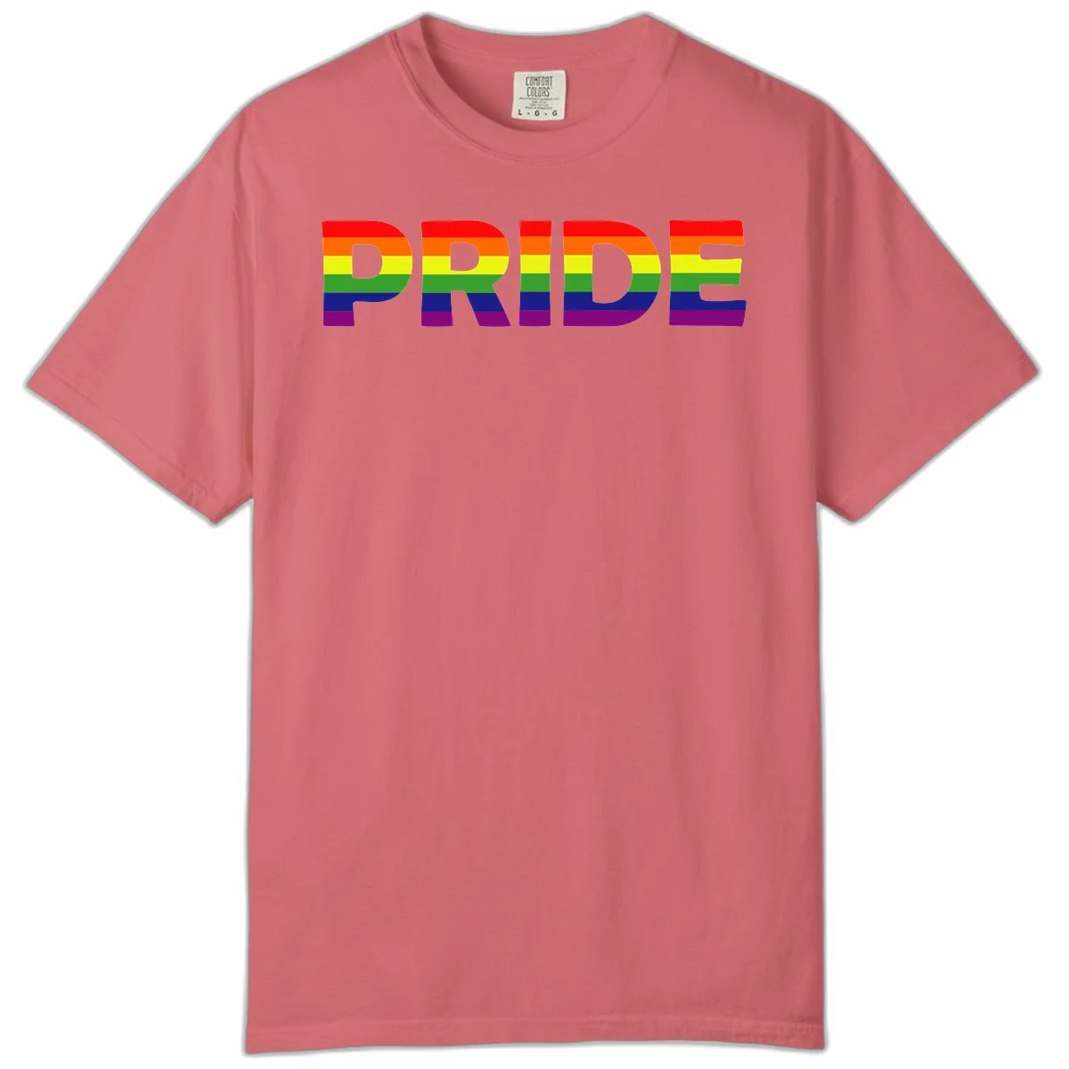The word PRIDE in large letters filled with rainbow pride flag stripes on gray background in Watermelon