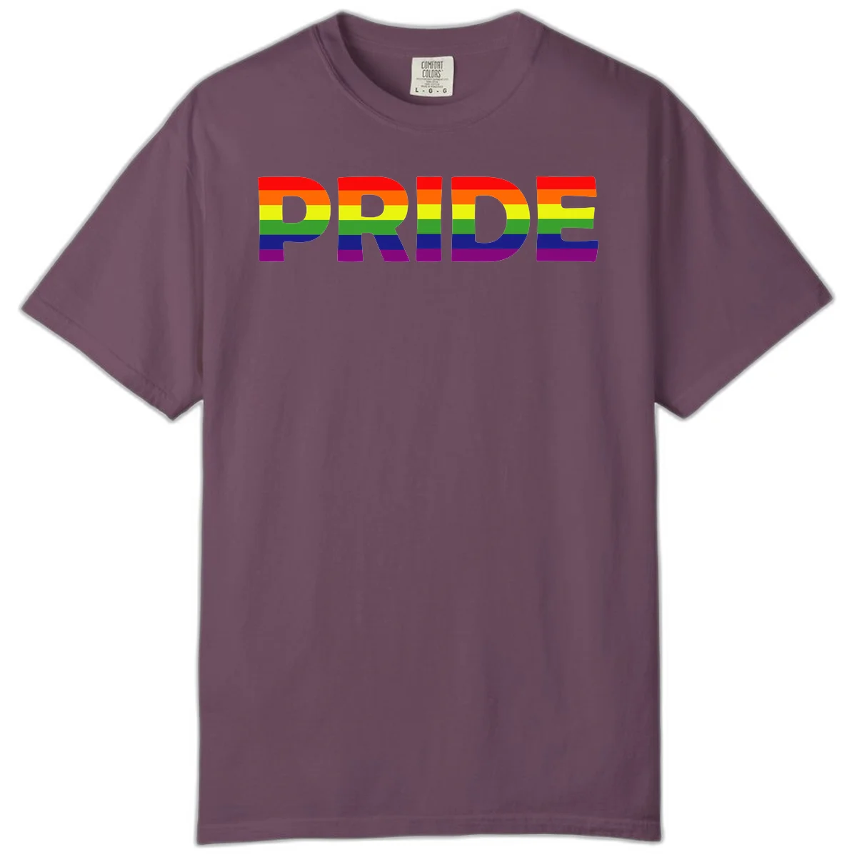 The word PRIDE in large letters filled with rainbow pride flag stripes on gray background in Berry