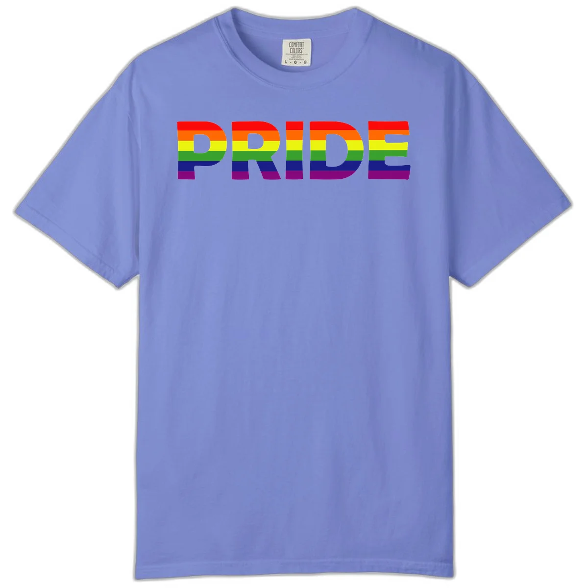 The word PRIDE in large letters filled with rainbow pride flag stripes on gray background in Flo Blue