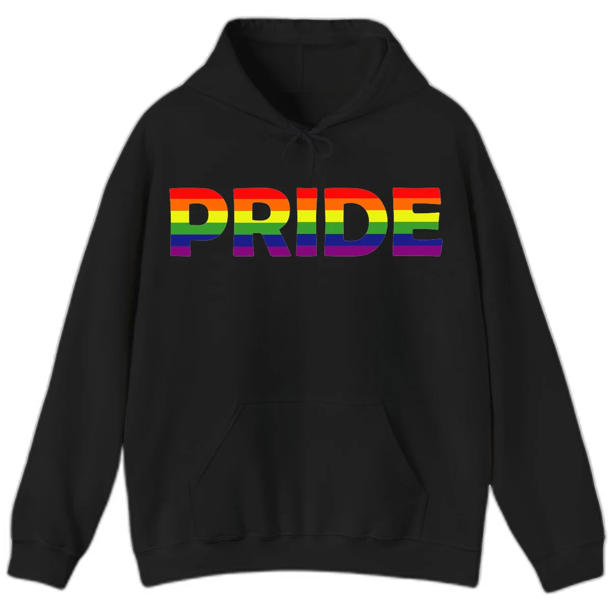 The word PRIDE in large letters filled with rainbow pride flag stripes on gray background in Black