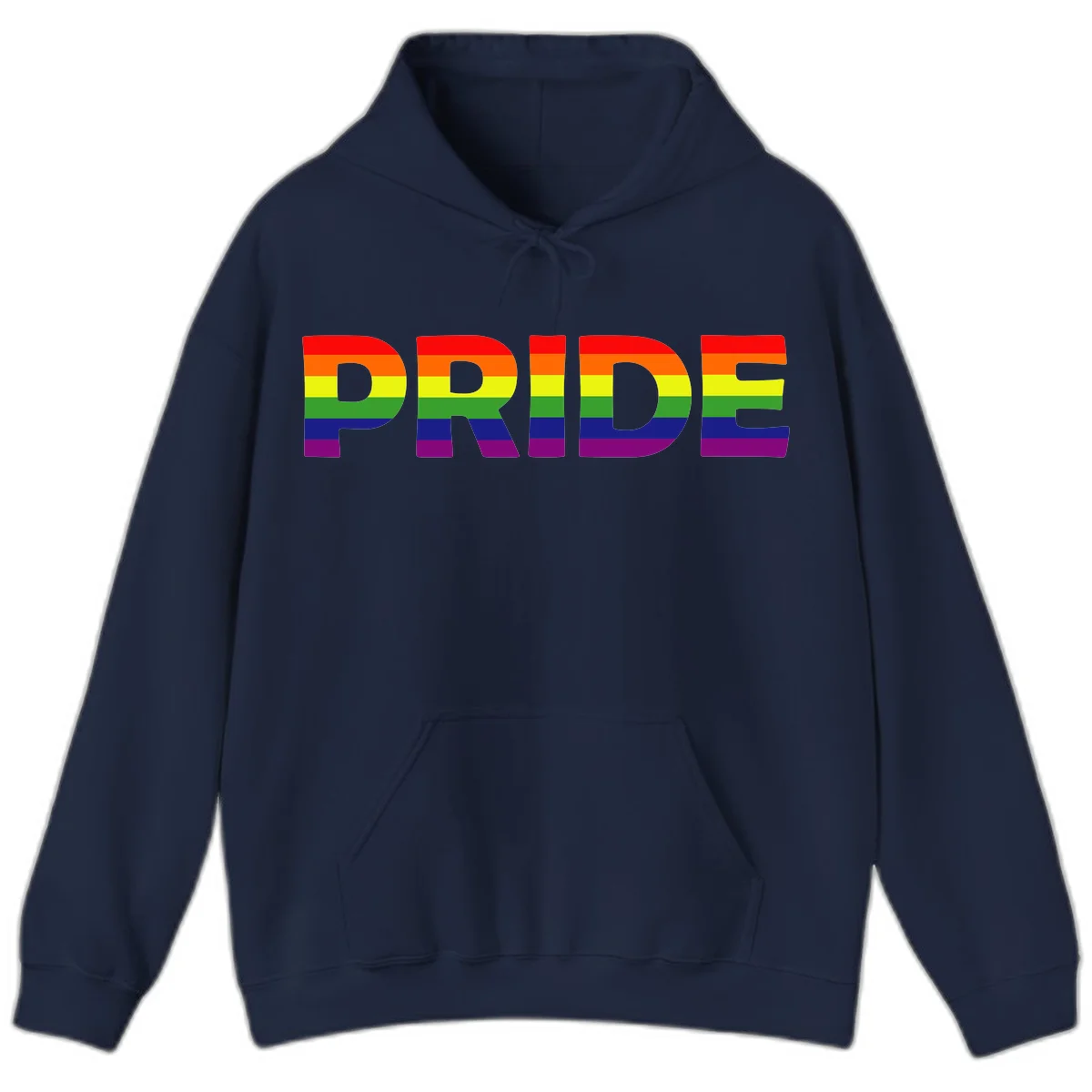 The word PRIDE in large letters filled with rainbow pride flag stripes on gray background in Navy