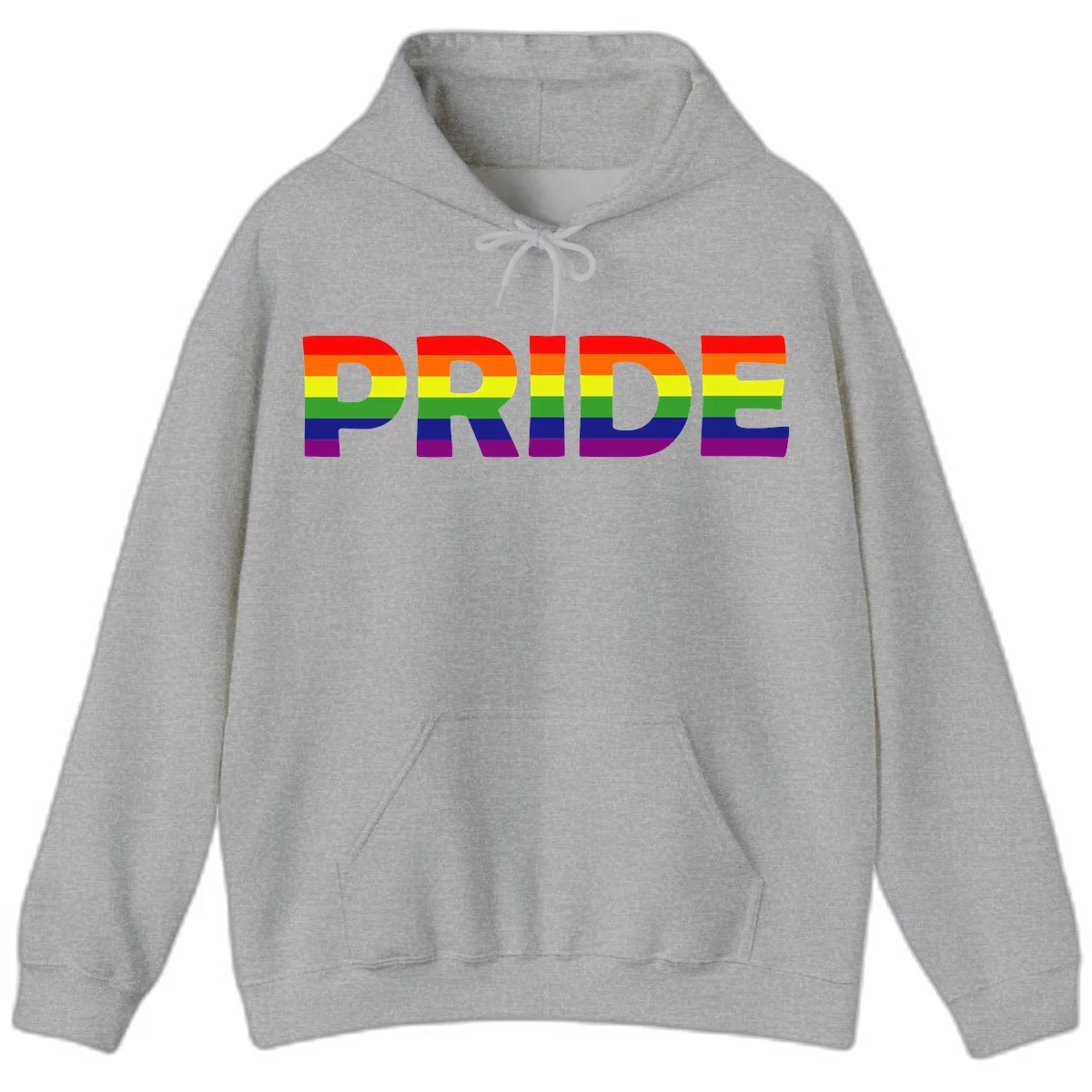 The word PRIDE in large letters filled with rainbow pride flag stripes on gray background in Sport Grey