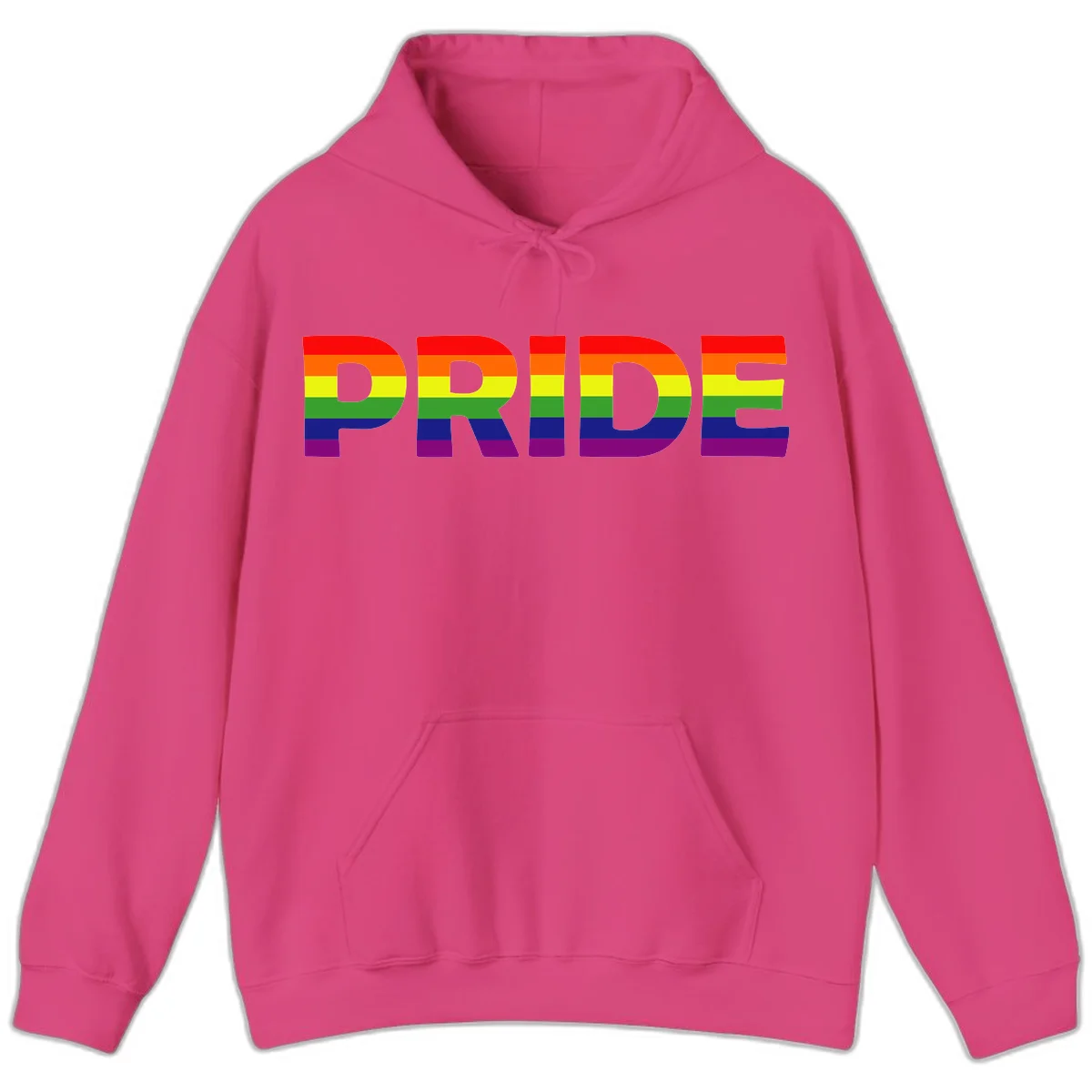 The word PRIDE in large letters filled with rainbow pride flag stripes on gray background in Heliconia