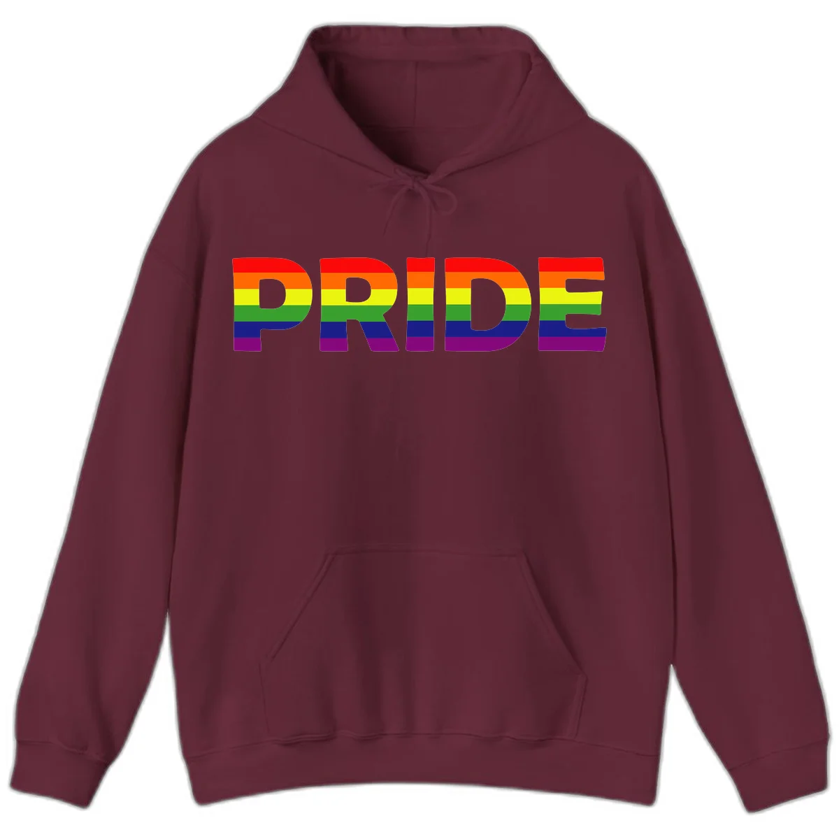 The word PRIDE in large letters filled with rainbow pride flag stripes on gray background in Maroon