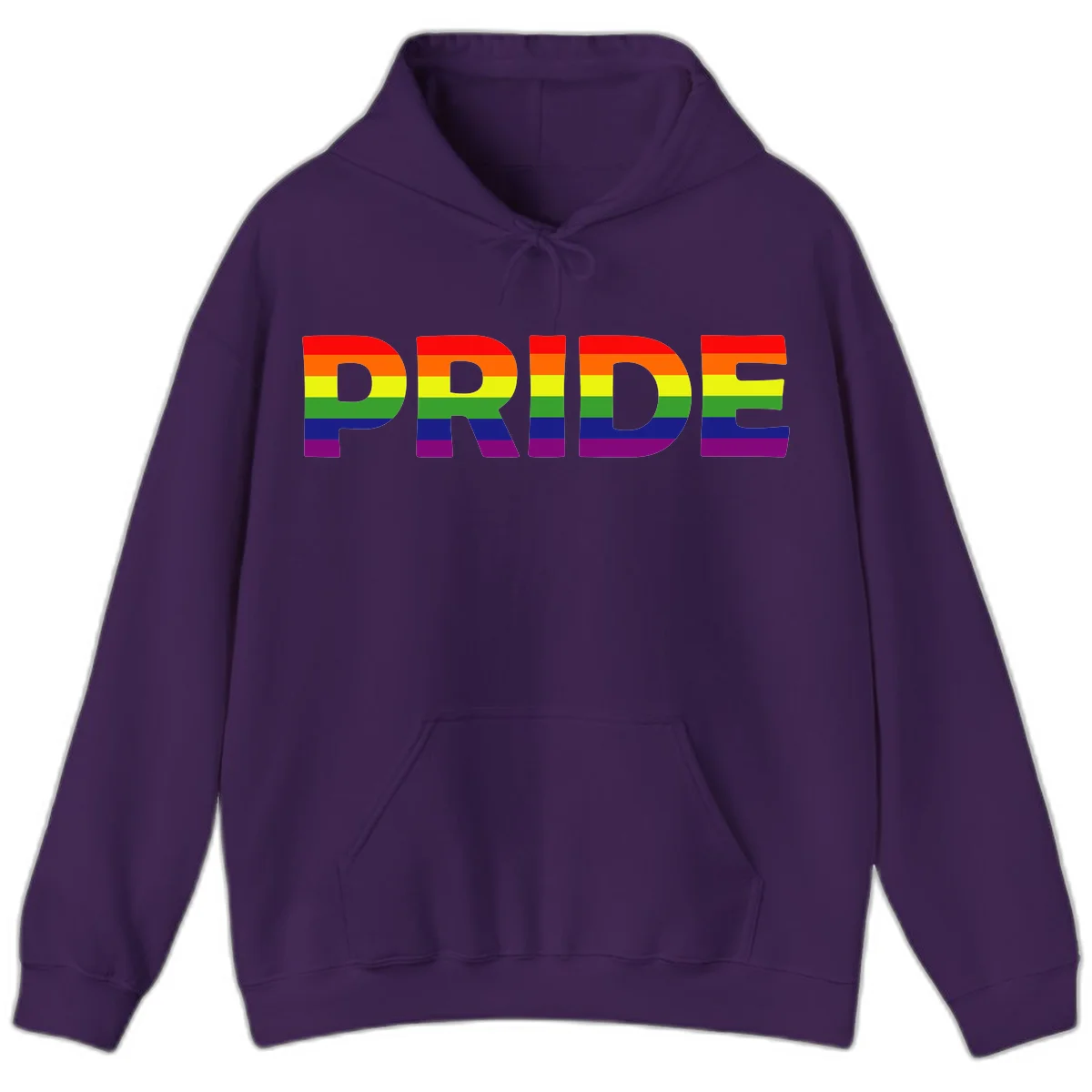 The word PRIDE in large letters filled with rainbow pride flag stripes on gray background in Purple