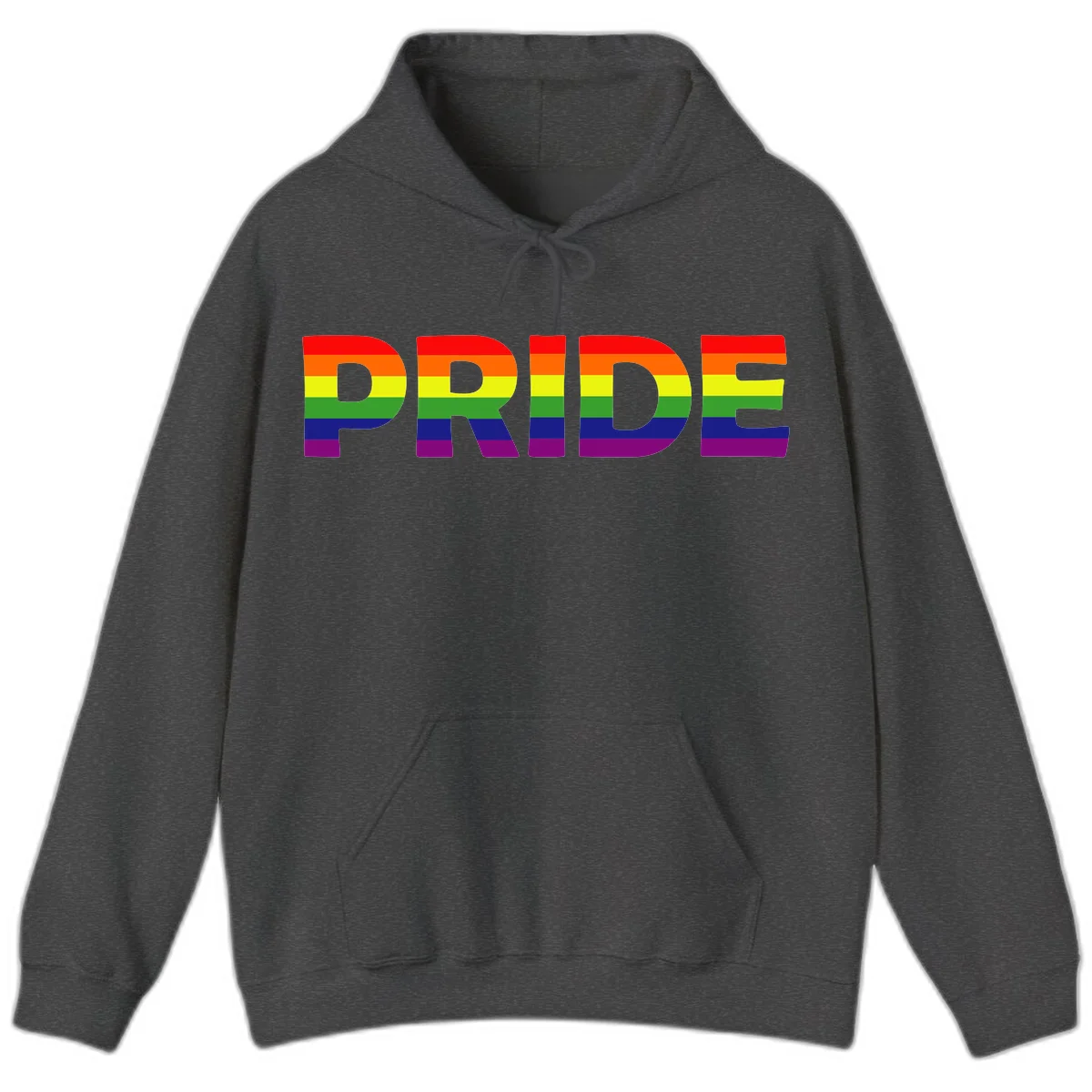 The word PRIDE in large letters filled with rainbow pride flag stripes on gray background in Dark Heather