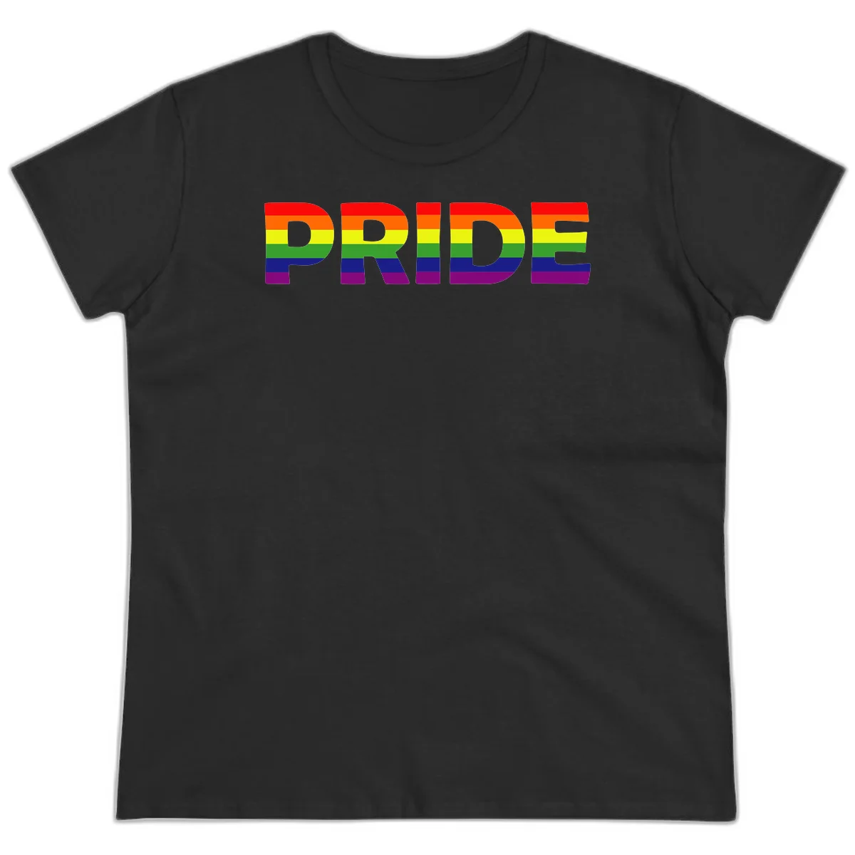 The word PRIDE in large letters filled with rainbow pride flag stripes on gray background in Black