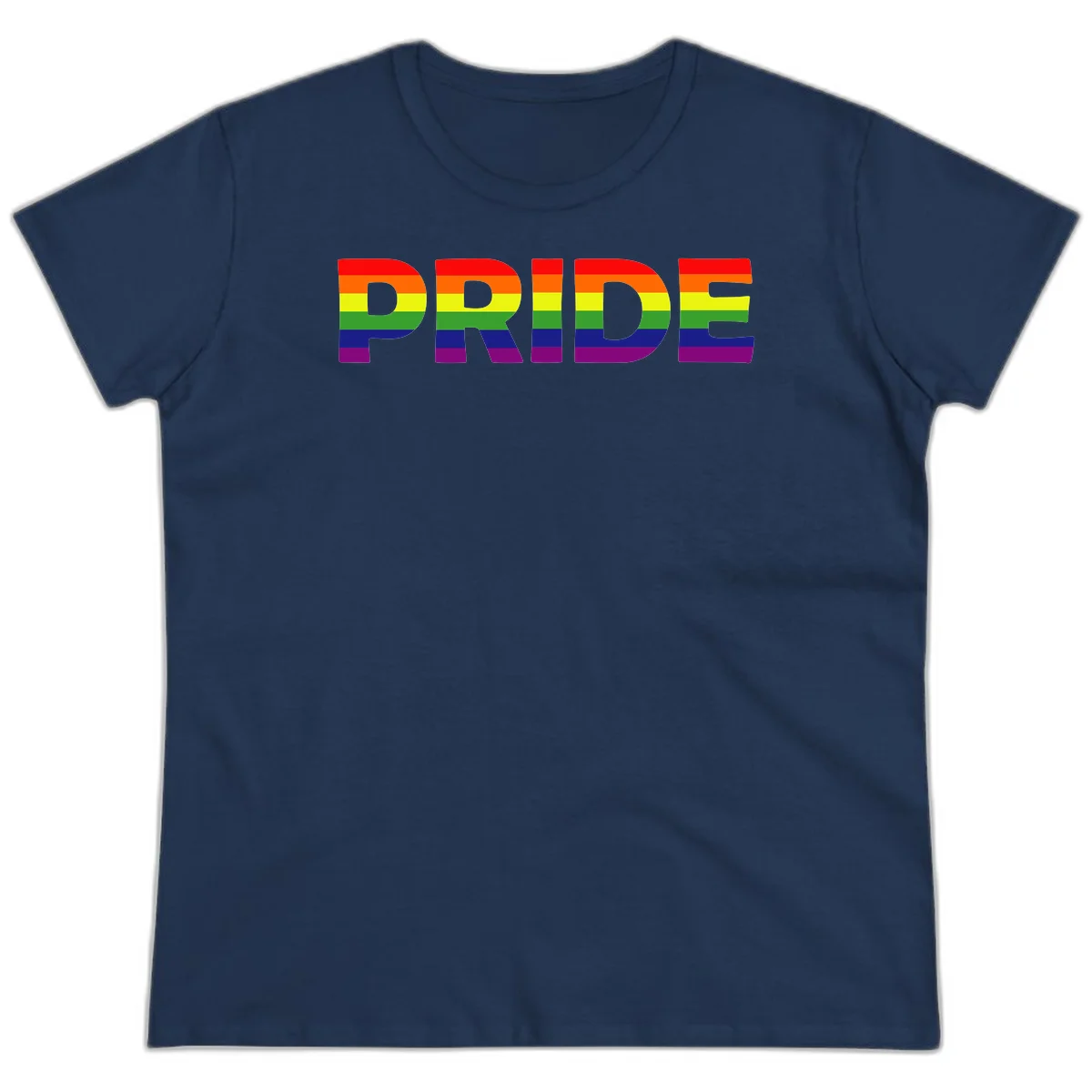 The word PRIDE in large letters filled with rainbow pride flag stripes on gray background in Navy