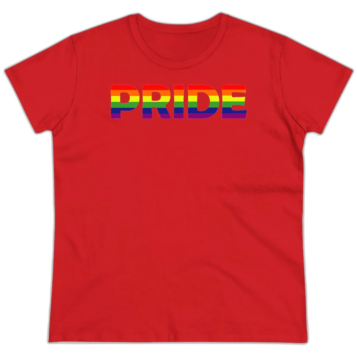 The word PRIDE in large letters filled with rainbow pride flag stripes on gray background in Red