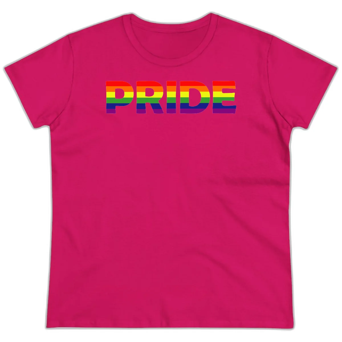 The word PRIDE in large letters filled with rainbow pride flag stripes on gray background in Heliconia