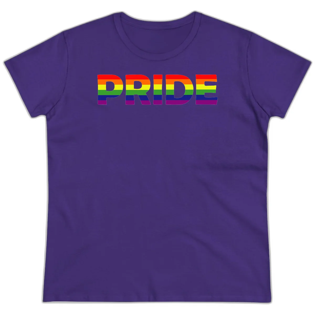 The word PRIDE in large letters filled with rainbow pride flag stripes on gray background in Purple