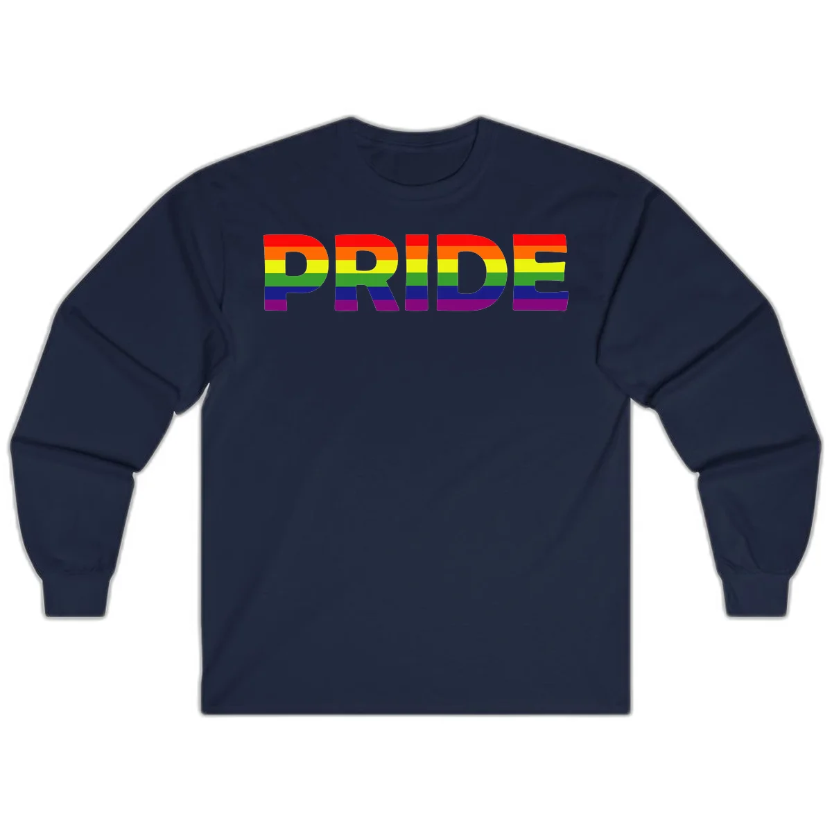 The word PRIDE in large letters filled with rainbow pride flag stripes on gray background in Navy