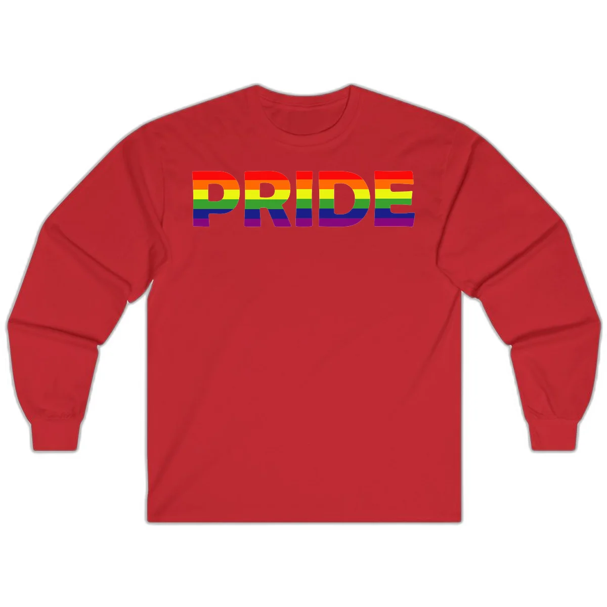 The word PRIDE in large letters filled with rainbow pride flag stripes on gray background in Red