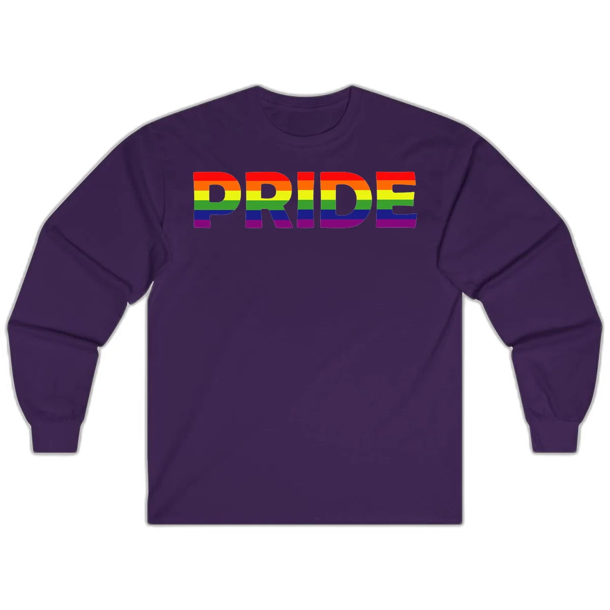 The word PRIDE in large letters filled with rainbow pride flag stripes on gray background in Purple