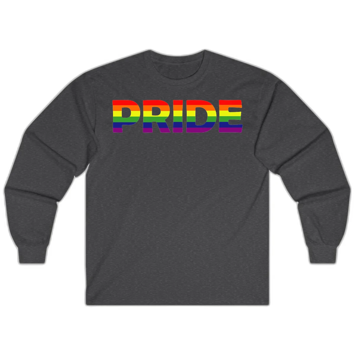 The word PRIDE in large letters filled with rainbow pride flag stripes on gray background in Dark Heather