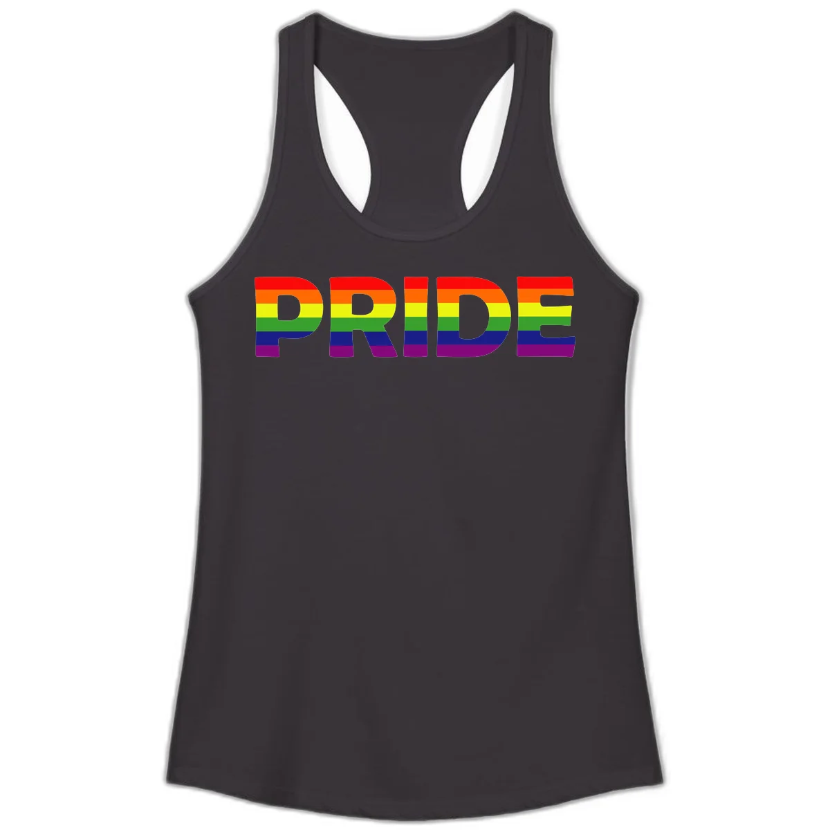 The word PRIDE in large letters filled with rainbow pride flag stripes on gray background in Black