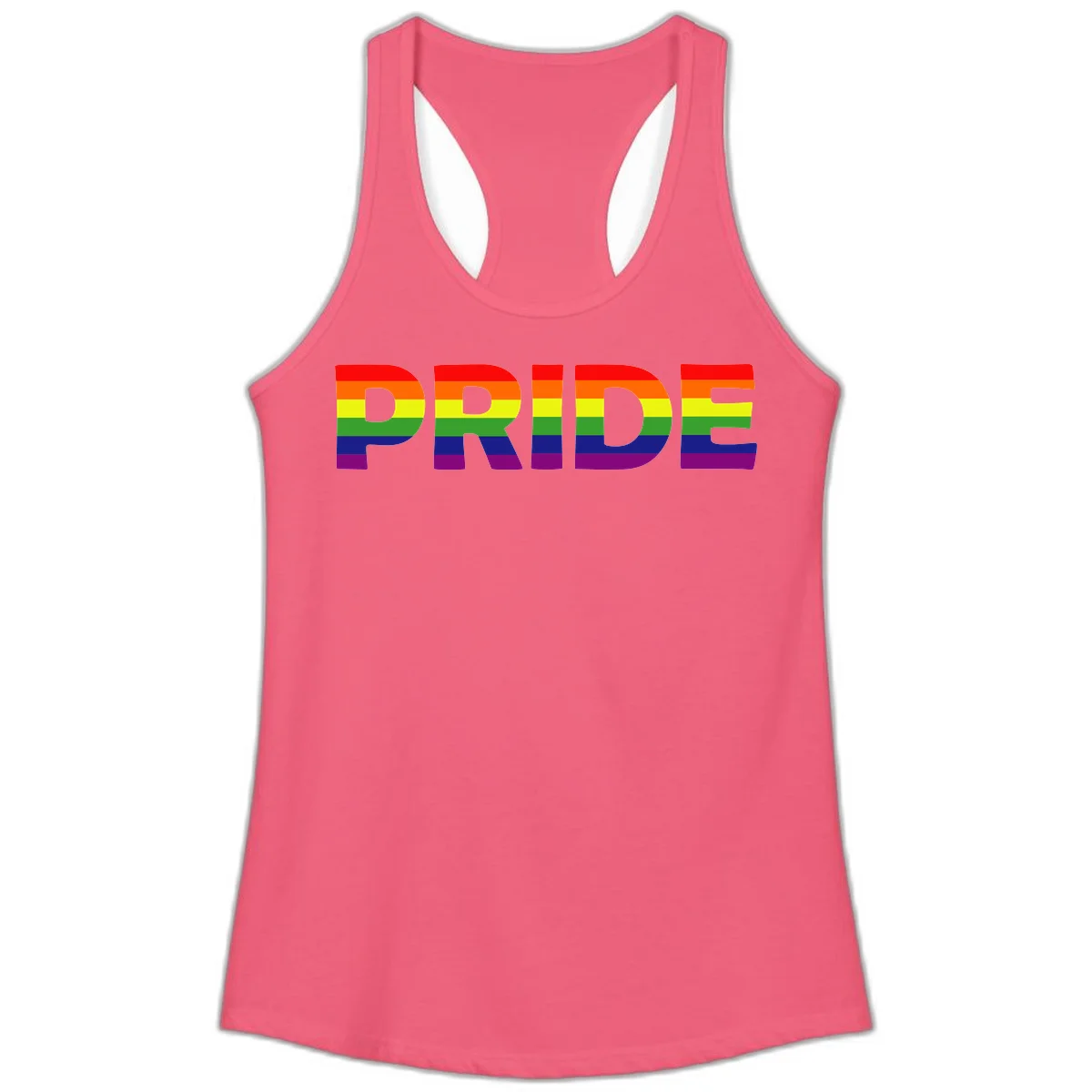 The word PRIDE in large letters filled with rainbow pride flag stripes on gray background in Hot Pink