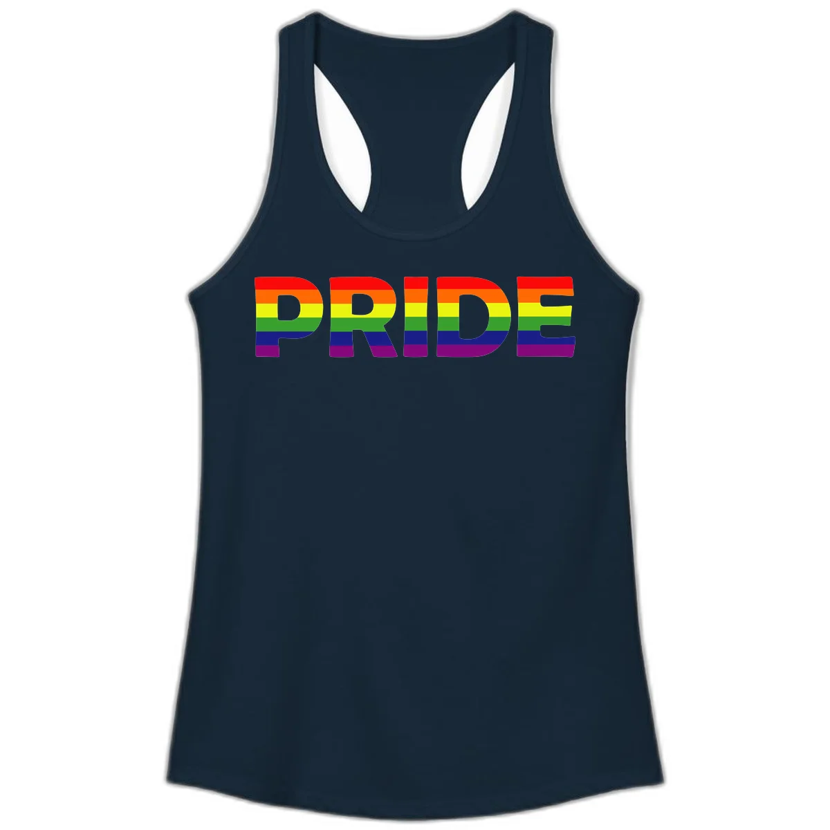 The word PRIDE in large letters filled with rainbow pride flag stripes on gray background in Solid Midnight Navy