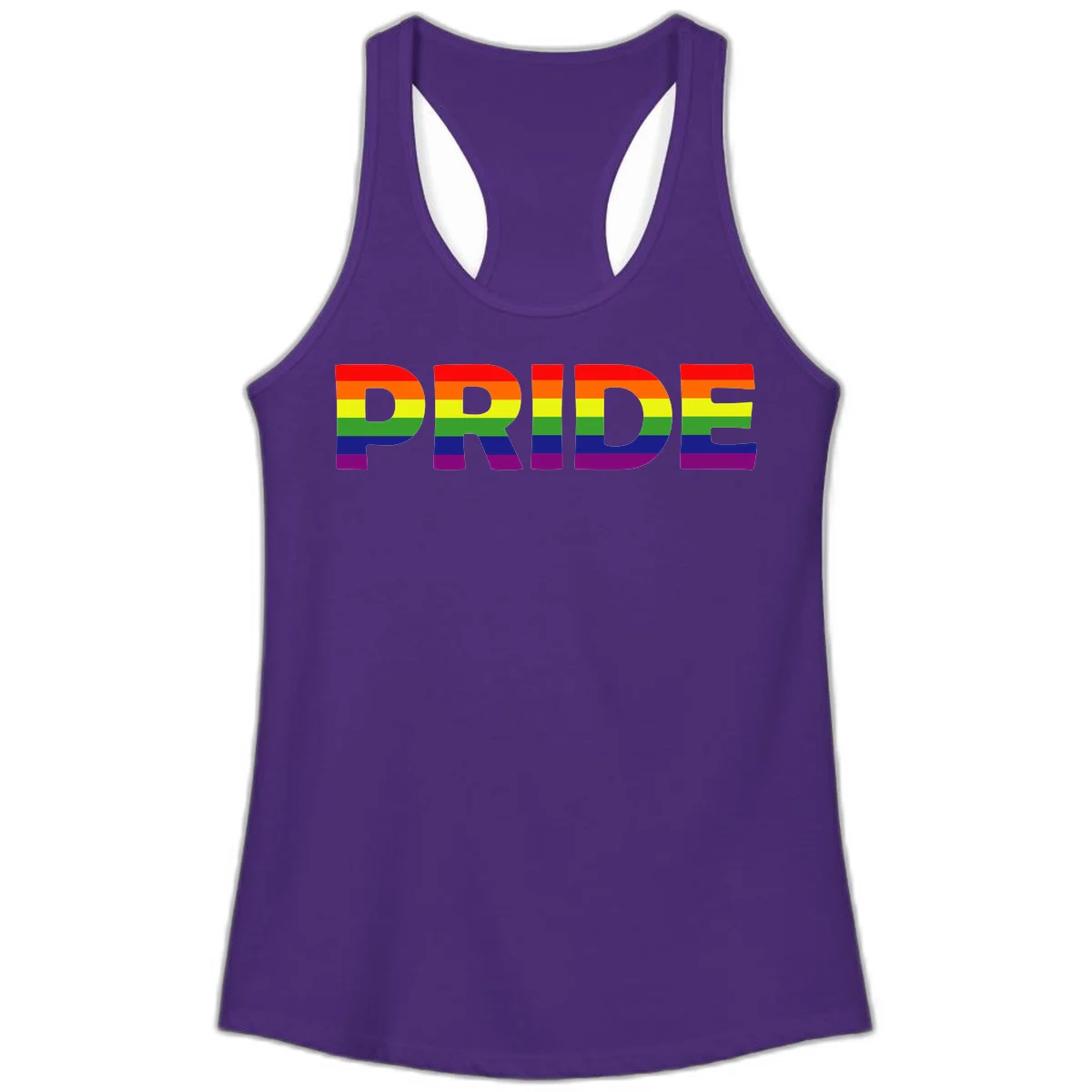 The word PRIDE in large letters filled with rainbow pride flag stripes on gray background in Solid Purple Rush