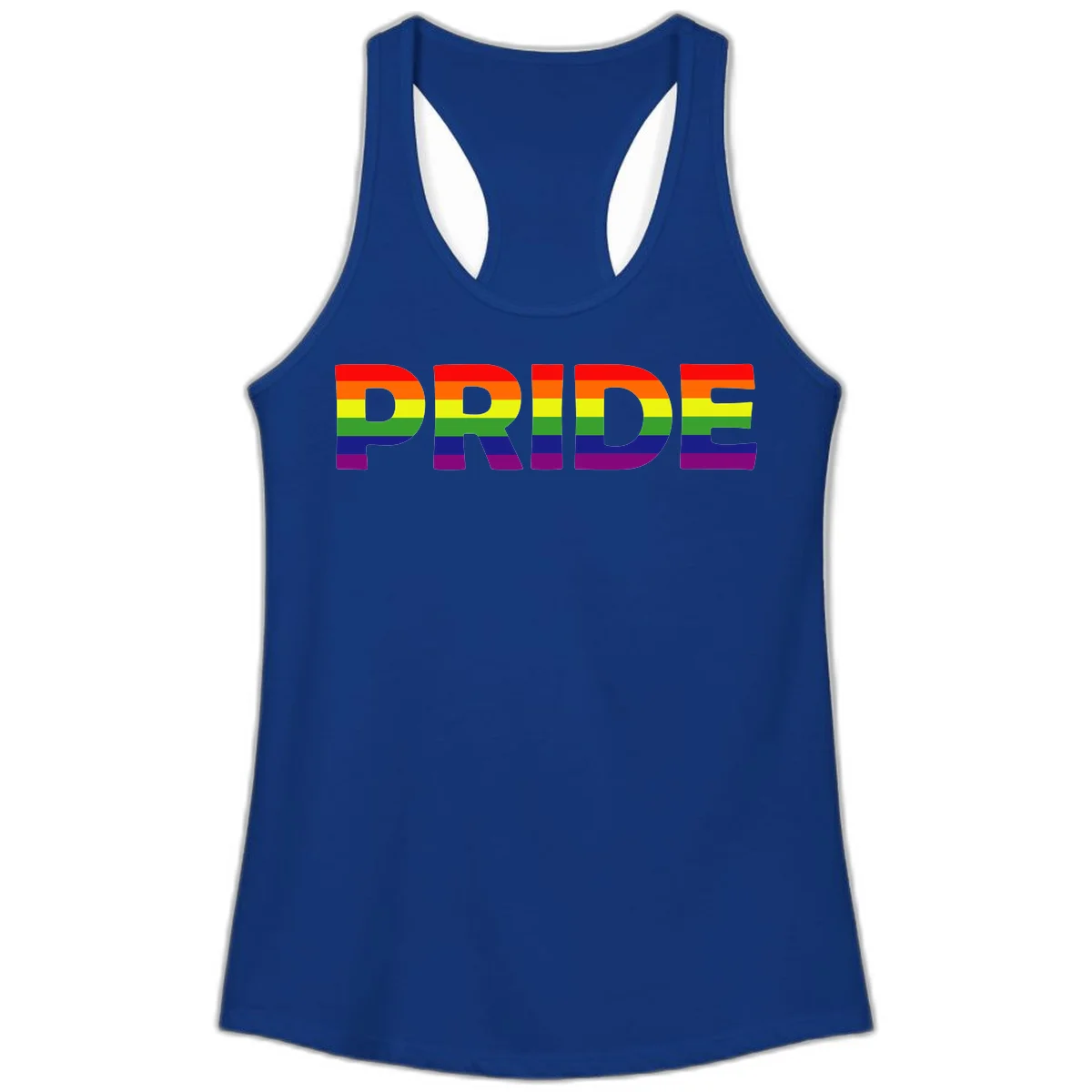 The word PRIDE in large letters filled with rainbow pride flag stripes on gray background in Solid Royal