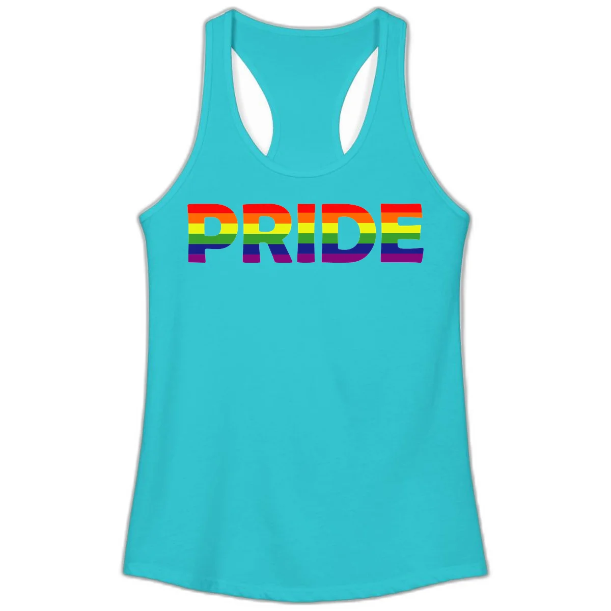 The word PRIDE in large letters filled with rainbow pride flag stripes on gray background in Solid Tahiti Blue