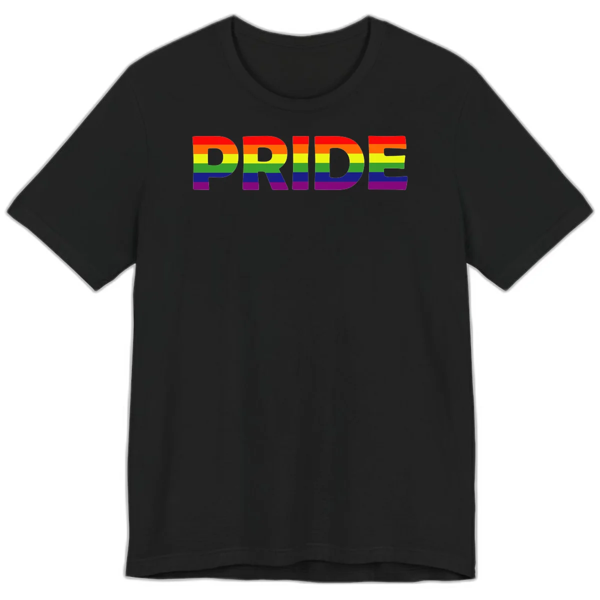The word PRIDE in large letters filled with rainbow pride flag stripes on gray background in Black
