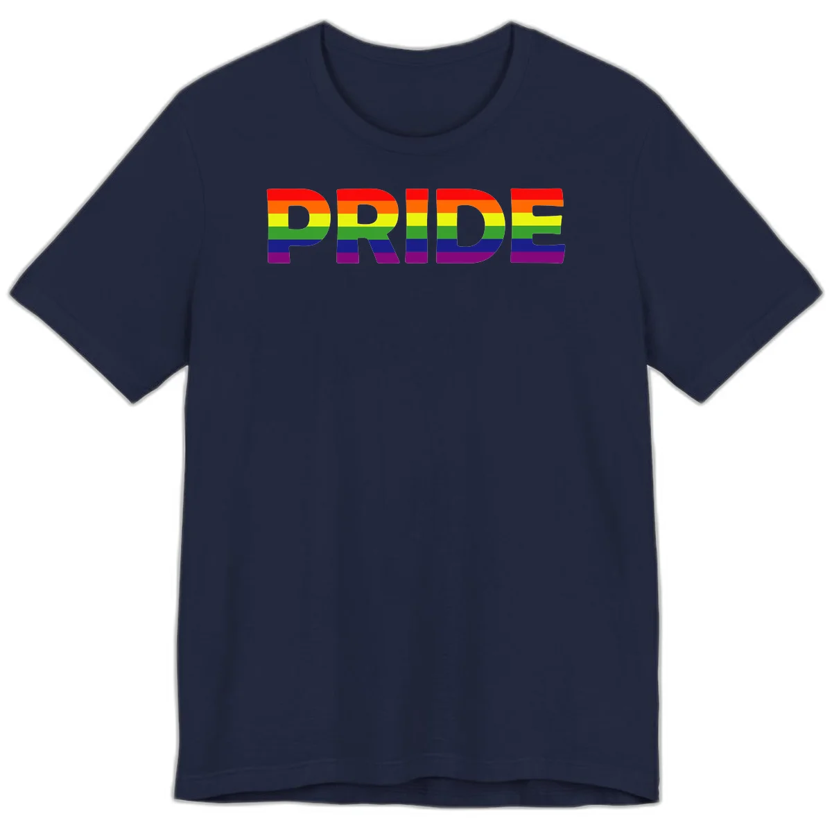 The word PRIDE in large letters filled with rainbow pride flag stripes on gray background in Navy