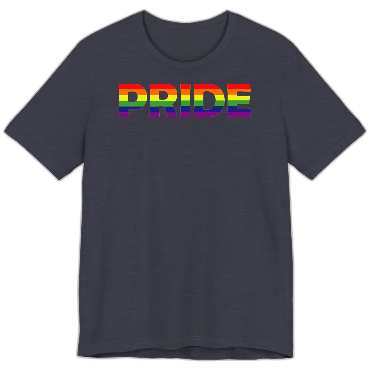 The word PRIDE in large letters filled with rainbow pride flag stripes on gray background in Heather Midnight Navy