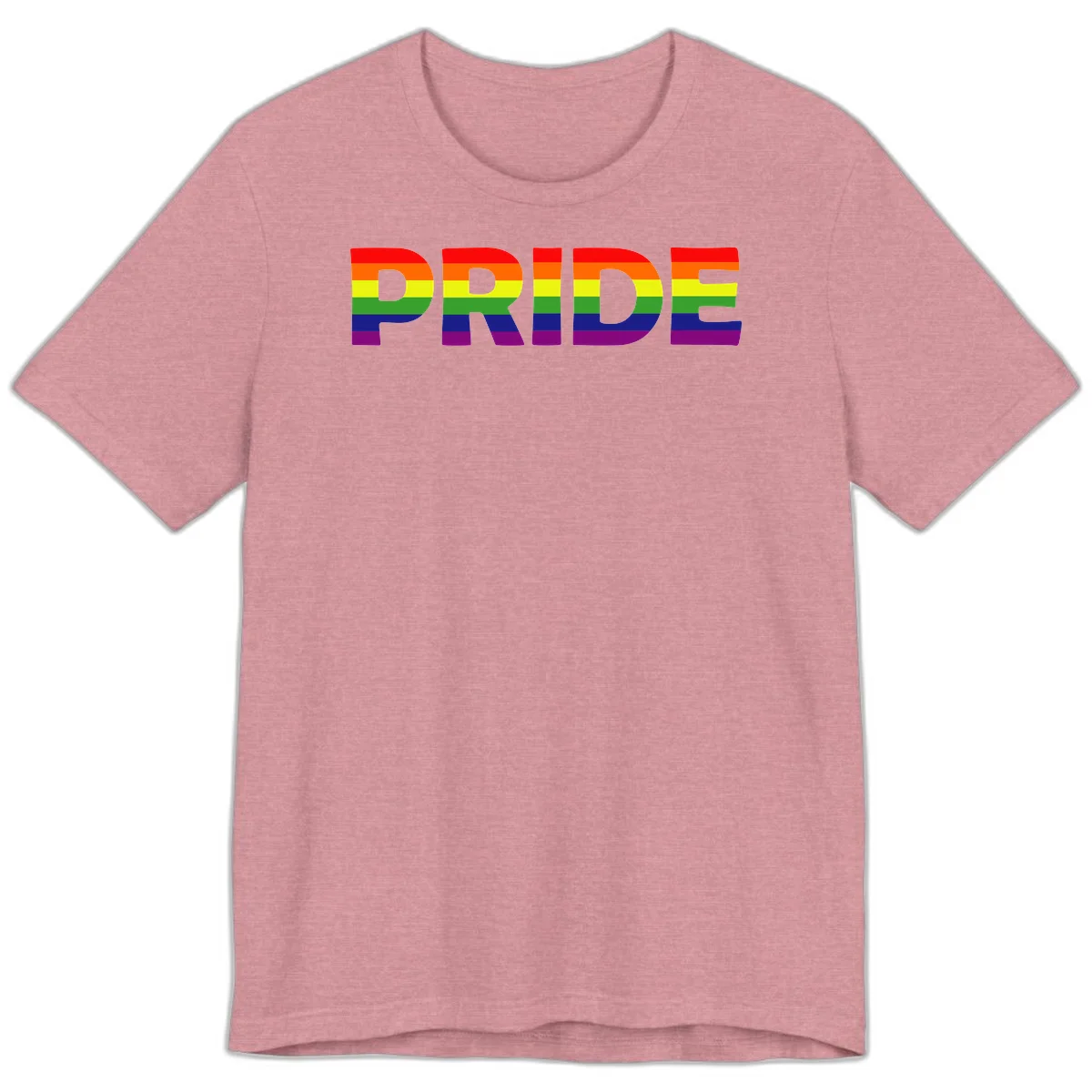 The word PRIDE in large letters filled with rainbow pride flag stripes on gray background in Heather Orchid