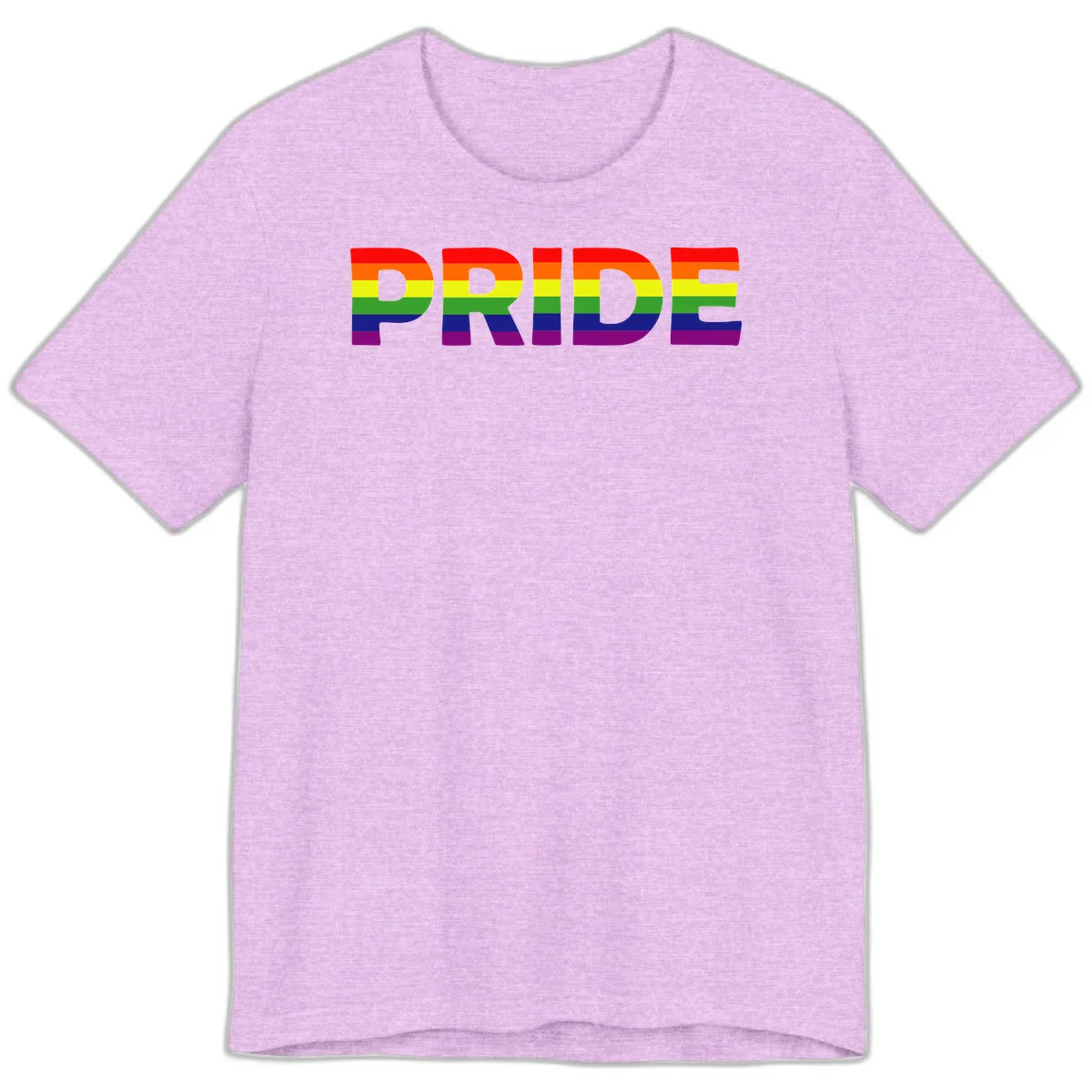 The word PRIDE in large letters filled with rainbow pride flag stripes on gray background in Heather Prism Lilac