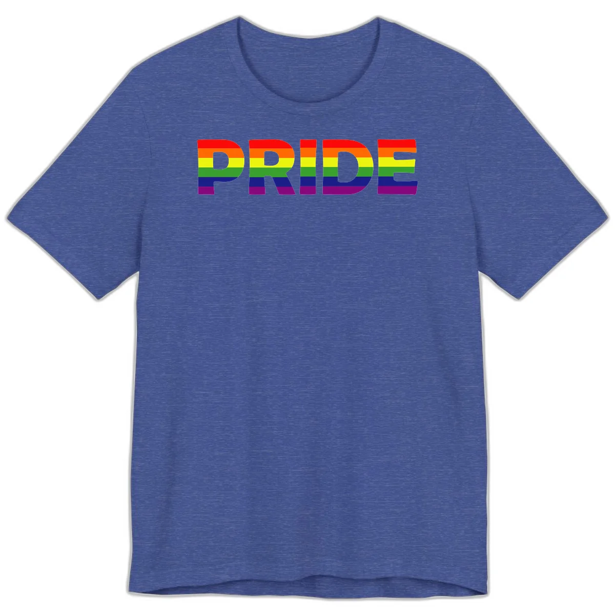 The word PRIDE in large letters filled with rainbow pride flag stripes on gray background in Heather True Royal