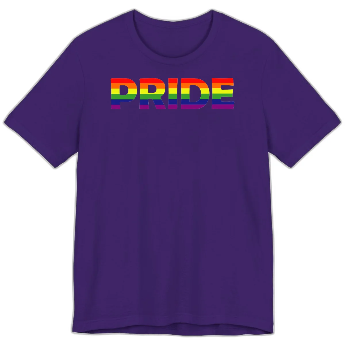 The word PRIDE in large letters filled with rainbow pride flag stripes on gray background in Team Purple