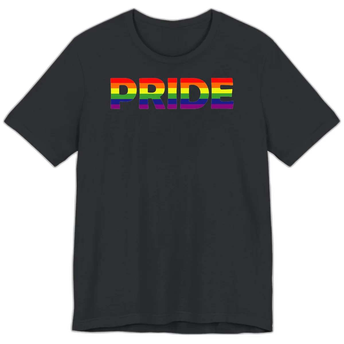 The word PRIDE in large letters filled with rainbow pride flag stripes on gray background in Vintage Black