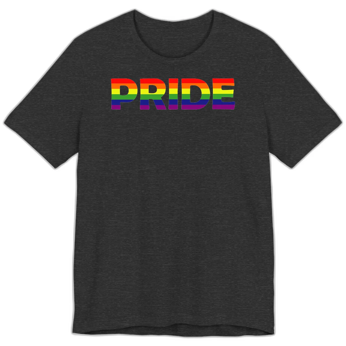 The word PRIDE in large letters filled with rainbow pride flag stripes on gray background in Dark Grey Heather