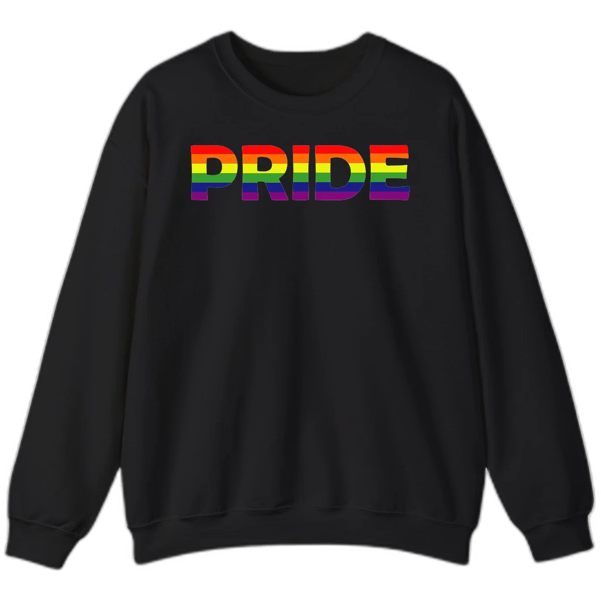 The word PRIDE in large letters filled with rainbow pride flag stripes on gray background in Black
