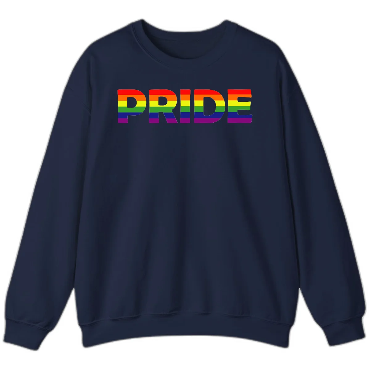 The word PRIDE in large letters filled with rainbow pride flag stripes on gray background in Navy