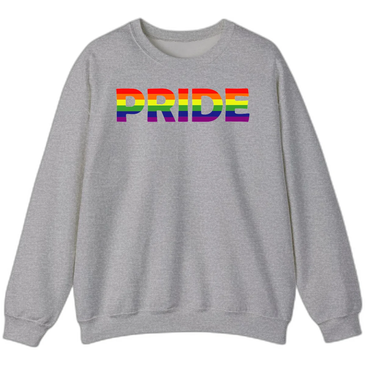 The word PRIDE in large letters filled with rainbow pride flag stripes on gray background in Sport Grey