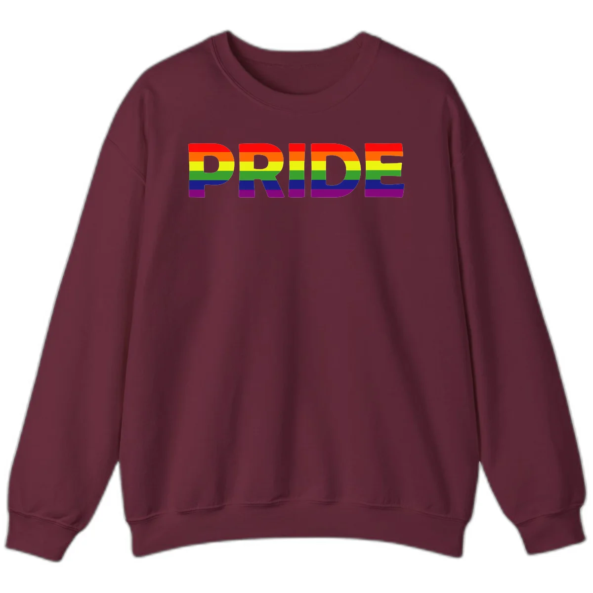 The word PRIDE in large letters filled with rainbow pride flag stripes on gray background in Maroon